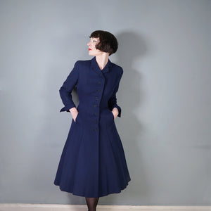 40s / 50s VERNER VOGUE NAVY BLUE SLIM FITTING FIT AND FLARE COAT - XS