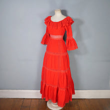 Load image into Gallery viewer, 70s BOLD RED MEXICAN PIN TUCK AND LACE MAXI DRESS WITH RUFFLED NECKLINE - XS-S