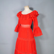 Load image into Gallery viewer, 70s BOLD RED MEXICAN PIN TUCK AND LACE MAXI DRESS WITH RUFFLED NECKLINE - XS-S