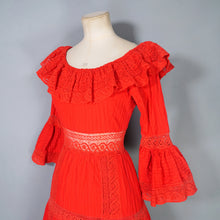 Load image into Gallery viewer, 70s BOLD RED MEXICAN PIN TUCK AND LACE MAXI DRESS WITH RUFFLED NECKLINE - XS-S