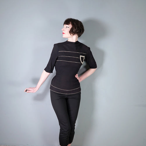 40s BLACK CREPE BLOUSE WITH WHITE PIPING AND STUDDED POCKET - S