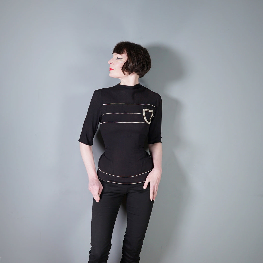 40s BLACK CREPE BLOUSE WITH WHITE PIPING AND STUDDED POCKET - S