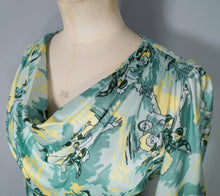 Load image into Gallery viewer, 70s NOVELTY LAUTREC STYLE PIERROT AND HARLEQUIN THEATRICAL PRINT DRESS - S