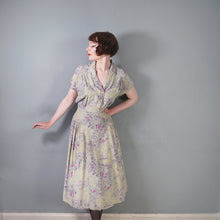 Load image into Gallery viewer, 40s PALE GREY-GREEN NOVELTY CITY STREET SCENE PRINT SILKY RAYON DRESS - L / VOLUP