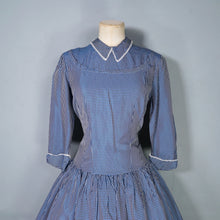 Load image into Gallery viewer, 40s 50s BLUE CHECKED FULL SKIRTED GOVERNESS DRESS WITH LACE TRIM - S