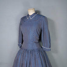Load image into Gallery viewer, 40s 50s BLUE CHECKED FULL SKIRTED GOVERNESS DRESS WITH LACE TRIM - S