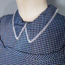 Load image into Gallery viewer, 40s 50s BLUE CHECKED FULL SKIRTED GOVERNESS DRESS WITH LACE TRIM - S