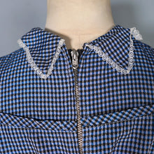 Load image into Gallery viewer, 40s 50s BLUE CHECKED FULL SKIRTED GOVERNESS DRESS WITH LACE TRIM - S