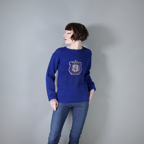 50s THICK BLUE WOOL CHEERLEADER COLLEGE SPORTS JUMPER - M