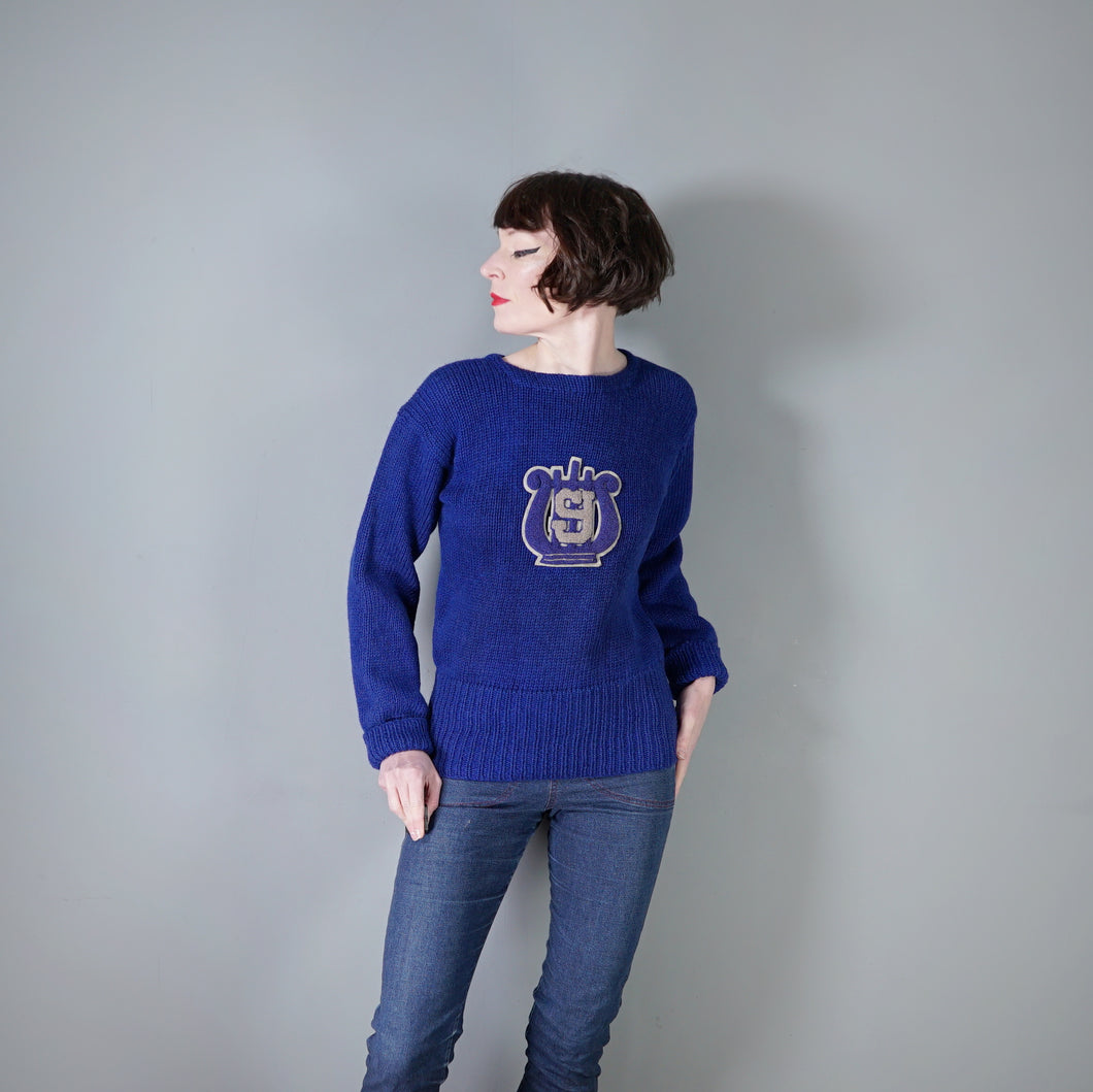 50s THICK BLUE WOOL CHEERLEADER COLLEGE SPORTS JUMPER - M