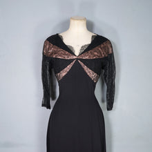Load image into Gallery viewer, 50s &quot;LEANNE&quot; LONDON BLACK CREPE AND LACE COCKTAIL WIGGLE DRESS - S