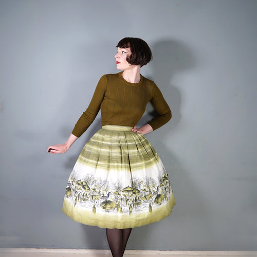 OLIVE GREEN 50s NOVELTY CITY MARKET SCENE BORDER PRINT SKIRT - 28