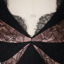 Load image into Gallery viewer, 50s &quot;LEANNE&quot; LONDON BLACK CREPE AND LACE COCKTAIL WIGGLE DRESS - S