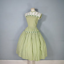 Load image into Gallery viewer, 50s GREEN AND WHITE COTTON AND LACE FULL SKIRTED DRESS WITH GROSGRAIN RIBBONS - S