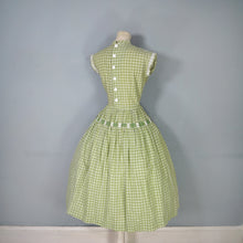 Load image into Gallery viewer, 50s GREEN AND WHITE COTTON AND LACE FULL SKIRTED DRESS WITH GROSGRAIN RIBBONS - S