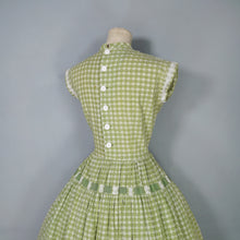 Load image into Gallery viewer, 50s GREEN AND WHITE COTTON AND LACE FULL SKIRTED DRESS WITH GROSGRAIN RIBBONS - S