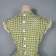 Load image into Gallery viewer, 50s GREEN AND WHITE COTTON AND LACE FULL SKIRTED DRESS WITH GROSGRAIN RIBBONS - S