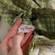 Load image into Gallery viewer, 50s GREEN AND WHITE COTTON AND LACE FULL SKIRTED DRESS WITH GROSGRAIN RIBBONS - S