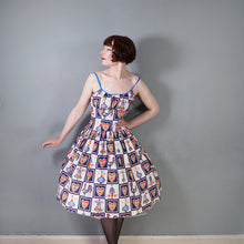 Load image into Gallery viewer, 50s "BRILKIE" NOVELTY FOLK PRINT SUN DRESS WITH HEARTS AND ROOSTERS - S