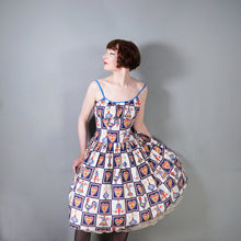 Load image into Gallery viewer, 50s "BRILKIE" NOVELTY FOLK PRINT SUN DRESS WITH HEARTS AND ROOSTERS - S