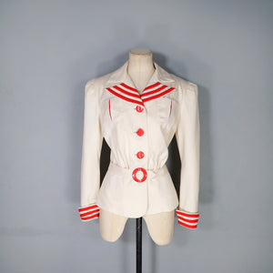 40s STYLE TAILOR MADE CREAM AND RED NAUTICAL SUIT JACKET WITH BELT - M-L
