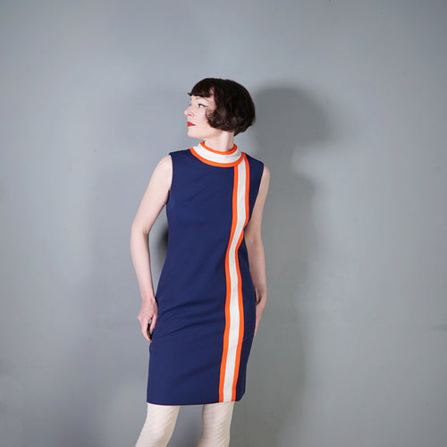 60s COLOURBLOCK BLUE RED AND WHITE STRIPE MOD SHIFT DRESS - S