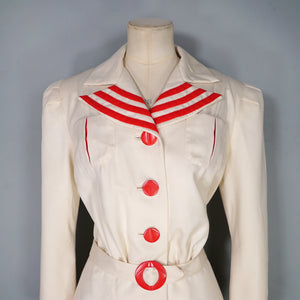 40s STYLE TAILOR MADE CREAM AND RED NAUTICAL SUIT JACKET WITH BELT - M-L