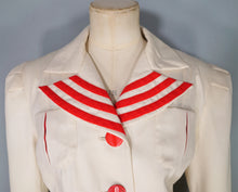 Load image into Gallery viewer, 40s STYLE TAILOR MADE CREAM AND RED NAUTICAL SUIT JACKET WITH BELT - M-L