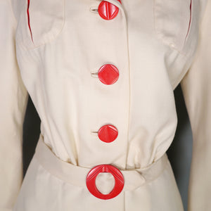 40s STYLE TAILOR MADE CREAM AND RED NAUTICAL SUIT JACKET WITH BELT - M-L