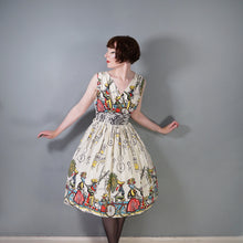 Load image into Gallery viewer, 50s GREENTREE SAUL STEINBERG CARRIBEAN NOVELTY PRINT FULL SKIRTED DRESS - S