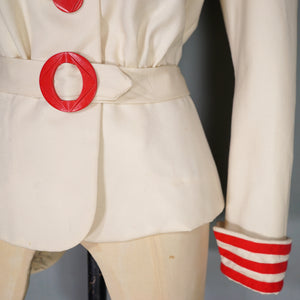 40s STYLE TAILOR MADE CREAM AND RED NAUTICAL SUIT JACKET WITH BELT - M-L