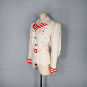 40s STYLE TAILOR MADE CREAM AND RED NAUTICAL SUIT JACKET WITH BELT - M-L