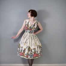 Load image into Gallery viewer, 50s GREENTREE SAUL STEINBERG CARRIBEAN NOVELTY PRINT FULL SKIRTED DRESS - S