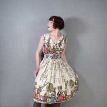 Load image into Gallery viewer, 50s GREENTREE SAUL STEINBERG CARRIBEAN NOVELTY PRINT FULL SKIRTED DRESS - S