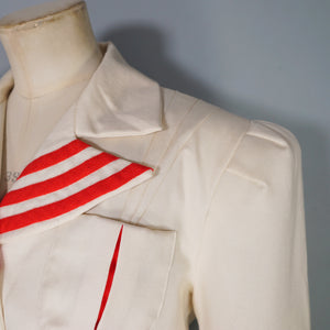 40s STYLE TAILOR MADE CREAM AND RED NAUTICAL SUIT JACKET WITH BELT - M-L