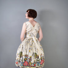 Load image into Gallery viewer, 50s GREENTREE SAUL STEINBERG CARRIBEAN NOVELTY PRINT FULL SKIRTED DRESS - S