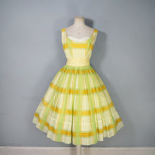 Load image into Gallery viewer, 50s 60s BRIGHT YELLOW AND LIME GREEN CHECK PRINT DRESS - XS-S