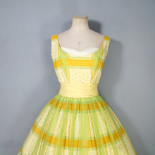 Load image into Gallery viewer, 50s 60s BRIGHT YELLOW AND LIME GREEN CHECK PRINT DRESS - XS-S