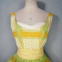 Load image into Gallery viewer, 50s 60s BRIGHT YELLOW AND LIME GREEN CHECK PRINT DRESS - XS-S