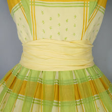 Load image into Gallery viewer, 50s 60s BRIGHT YELLOW AND LIME GREEN CHECK PRINT DRESS - XS-S