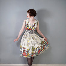 Load image into Gallery viewer, 50s GREENTREE SAUL STEINBERG CARRIBEAN NOVELTY PRINT FULL SKIRTED DRESS - S