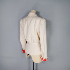 40s STYLE TAILOR MADE CREAM AND RED NAUTICAL SUIT JACKET WITH BELT - M-L