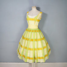 Load image into Gallery viewer, 50s 60s BRIGHT YELLOW AND LIME GREEN CHECK PRINT DRESS - XS-S