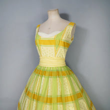 Load image into Gallery viewer, 50s 60s BRIGHT YELLOW AND LIME GREEN CHECK PRINT DRESS - XS-S
