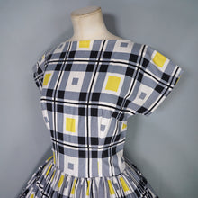 Load image into Gallery viewer, HANDMADE 50s / 60s YELLOW AND BLACK CHECK FULL SKIRTED DRESS - S