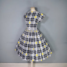 Load image into Gallery viewer, HANDMADE 50s / 60s YELLOW AND BLACK CHECK FULL SKIRTED DRESS - S