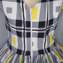 Load image into Gallery viewer, HANDMADE 50s / 60s YELLOW AND BLACK CHECK FULL SKIRTED DRESS - S