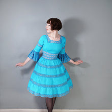 Load image into Gallery viewer, 60s / 70s VIVID TURQUOISE LACE AND PIN TUCK MEXICAN FULL SKIRTED DRESS - XS-S