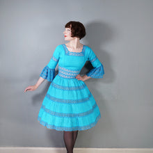 Load image into Gallery viewer, 60s / 70s VIVID TURQUOISE LACE AND PIN TUCK MEXICAN FULL SKIRTED DRESS - XS-S