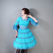 Load image into Gallery viewer, 60s / 70s VIVID TURQUOISE LACE AND PIN TUCK MEXICAN FULL SKIRTED DRESS - XS-S